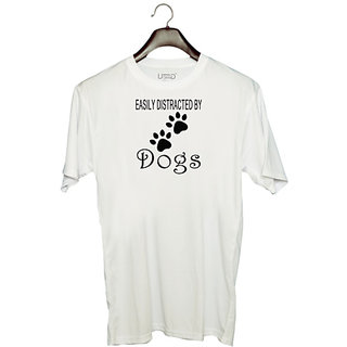                       UDNAG Unisex Round Neck Graphic 'Dogs | Easily destracted by dogs' Polyester T-Shirt White                                              