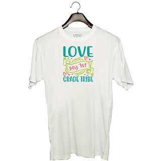                       UDNAG Unisex Round Neck Graphic 'Teacher Student | love my 1st grade tribe' Polyester T-Shirt White                                              