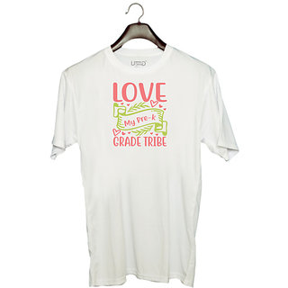                       UDNAG Unisex Round Neck Graphic 'Teacher Student | love to my pre-k grade tribe' Polyester T-Shirt White                                              