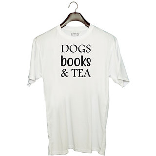                       UDNAG Unisex Round Neck Graphic 'Dogs | Dog Book and tea' Polyester T-Shirt White                                              