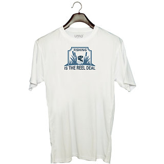                       UDNAG Unisex Round Neck Graphic 'Fishing | Fishing is the real deal' Polyester T-Shirt White                                              