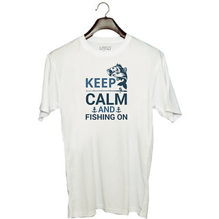                       UDNAG Unisex Round Neck Graphic 'Fishing | Keep calm' Polyester T-Shirt White                                              