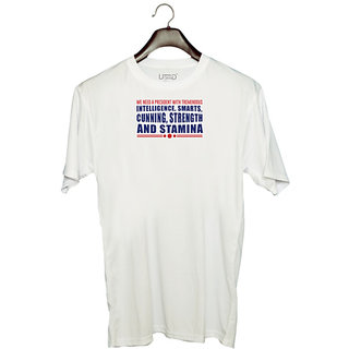                       UDNAG Unisex Round Neck Graphic 'Intelligence Smarts cunning strength stamina | Donalt Trump' Polyester T-Shirt White                                              
