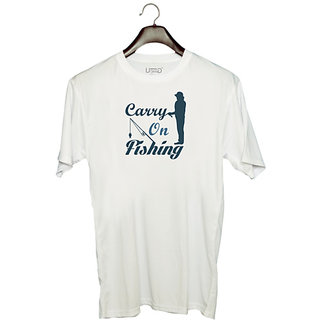                      UDNAG Unisex Round Neck Graphic 'Fishing | Carry on fishing' Polyester T-Shirt White                                              