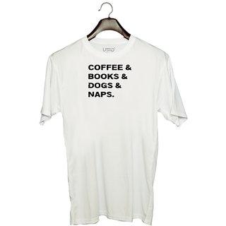                       UDNAG Unisex Round Neck Graphic 'Dogs | Coffee & book & Dogs & Naps' Polyester T-Shirt White                                              