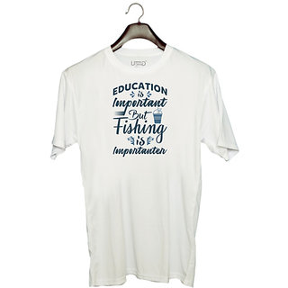                       UDNAG Unisex Round Neck Graphic 'Fishing | Education is important' Polyester T-Shirt White                                              