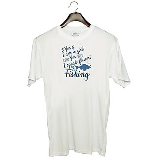                       UDNAG Unisex Round Neck Graphic 'Fishing | Yes I am a Girl' Polyester T-Shirt White                                              