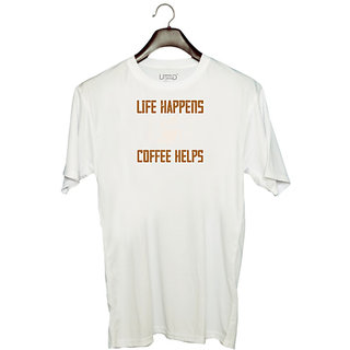                       UDNAG Unisex Round Neck Graphic 'Coffee | life happens coffee helps' Polyester T-Shirt White                                              