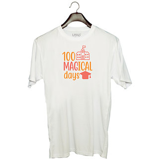                       UDNAG Unisex Round Neck Graphic 'Student teacher | 100 magical daysss' Polyester T-Shirt White                                              