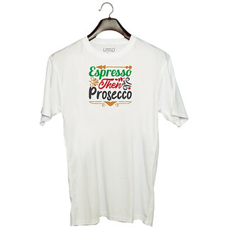                       UDNAG Unisex Round Neck Graphic 'Christmas | espresso then prosecco' Polyester T-Shirt White                                              