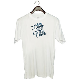                       UDNAG Unisex Round Neck Graphic 'Fishing | Live long' Polyester T-Shirt White                                              