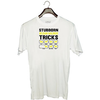                       UDNAG Unisex Round Neck Graphic 'Dogs | Stubborn traicks' Polyester T-Shirt White                                              