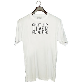                       UDNAG Unisex Round Neck Graphic 'Wine | shut up liver' Polyester T-Shirt White                                              