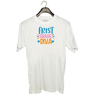                       UDNAG Unisex Round Neck Graphic 'Student teacher | first grade divaa' Polyester T-Shirt White                                              