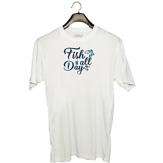                       UDNAG Unisex Round Neck Graphic 'Fishing | Fish all day' Polyester T-Shirt White                                              