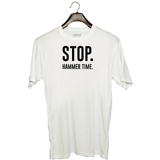                       UDNAG Unisex Round Neck Graphic 'Time | Stop Hammer time' Polyester T-Shirt White                                              