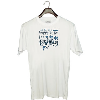                       UDNAG Unisex Round Neck Graphic 'Fishing | Be happy and go' Polyester T-Shirt White                                              