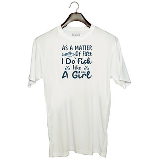                       UDNAG Unisex Round Neck Graphic 'Fishing | As a matter' Polyester T-Shirt White                                              