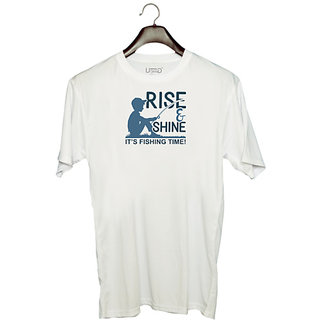                       UDNAG Unisex Round Neck Graphic 'Fishing | Rise & Shine' Polyester T-Shirt White                                              