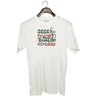                       UDNAG Unisex Round Neck Graphic 'Christmas | work hard brunchharder' Polyester T-Shirt White                                              