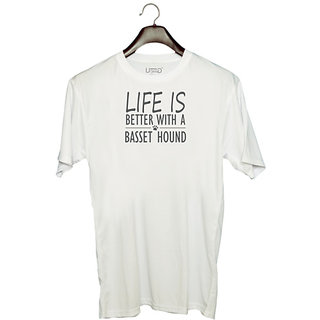                      UDNAG Unisex Round Neck Graphic 'Dog | Life is better with a basset hound' Polyester T-Shirt White                                              