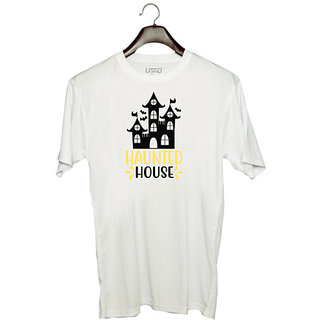                       UDNAG Unisex Round Neck Graphic 'Halloween | Haunted House' Polyester T-Shirt White                                              