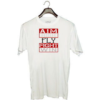                       UDNAG Unisex Round Neck Graphic 'Airforce | Aim High' Polyester T-Shirt White                                              