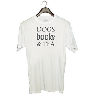                       UDNAG Unisex Round Neck Graphic 'Dogs | Dogs book and tea' Polyester T-Shirt White                                              