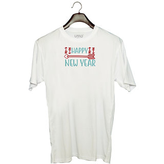                       UDNAG Unisex Round Neck Graphic 'Christmas | Happy new yearr' Polyester T-Shirt White                                              