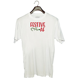                       UDNAG Unisex Round Neck Graphic 'Christmas | Festive af' Polyester T-Shirt White                                              