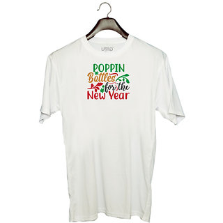                       UDNAG Unisex Round Neck Graphic 'Christmas | poppin bottles for the new year' Polyester T-Shirt White                                              