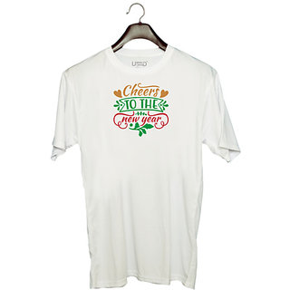                       UDNAG Unisex Round Neck Graphic 'Christmas | cheere to the new year' Polyester T-Shirt White                                              