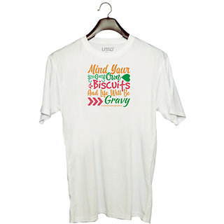                       UDNAG Unisex Round Neck Graphic 'Christmas | mind your own biscuits and life with be gravy' Polyester T-Shirt White                                              
