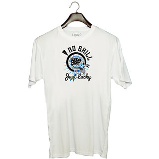                       UDNAG Unisex Round Neck Graphic 'Dart | No skill Just Lucky' Polyester T-Shirt White                                              