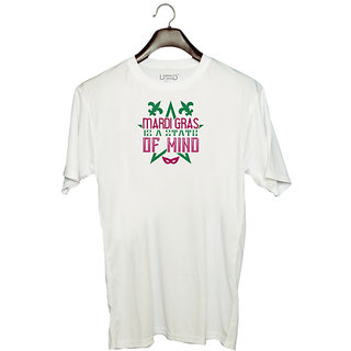                       UDNAG Unisex Round Neck Graphic 'Mardi Gras | Mardi Gras is a state of mind' Polyester T-Shirt White                                              