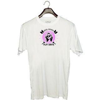                       UDNAG Unisex Round Neck Graphic 'Dart | Real women play darts' Polyester T-Shirt White                                              