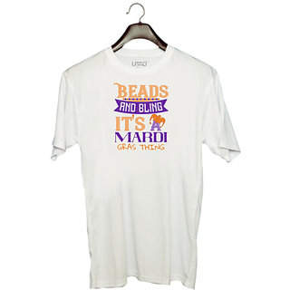                       UDNAG Unisex Round Neck Graphic 'Mardi Gras | Beads and bling, it's a Mardi Gras thing' Polyester T-Shirt White                                              