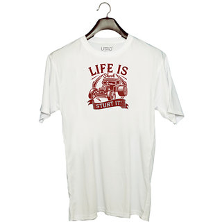                       UDNAG Unisex Round Neck Graphic 'Hot Rod Car | Life is short. Stunt it!' Polyester T-Shirt White                                              