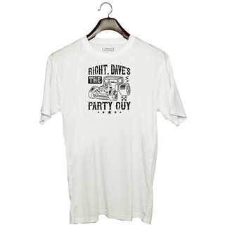                       UDNAG Unisex Round Neck Graphic 'Hot Rod Car | Right, Dave's the party guy' Polyester T-Shirt White                                              