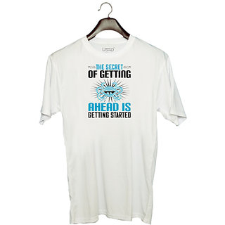                       UDNAG Unisex Round Neck Graphic 'Motivational | The secret of getting ahead is getting started' Polyester T-Shirt White                                              