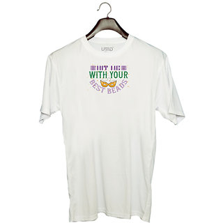                       UDNAG Unisex Round Neck Graphic 'Mardi Gras | Hit me with your best beads' Polyester T-Shirt White                                              