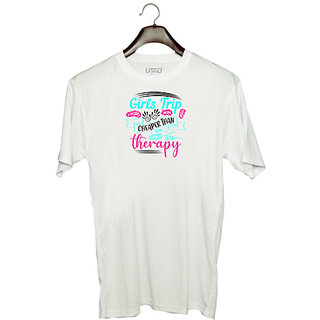                       UDNAG Unisex Round Neck Graphic 'Girls trip | girls trip cheaper than therapy' Polyester T-Shirt White                                              
