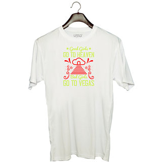                       UDNAG Unisex Round Neck Graphic 'Girls trip | good girls go to heaven bad girls go to vegas' Polyester T-Shirt White                                              