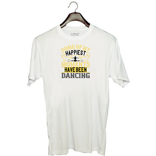                       UDNAG Unisex Round Neck Graphic 'Dancing | Some of my happiest moments have been dancing0' Polyester T-Shirt White                                              