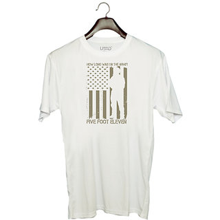                       UDNAG Unisex Round Neck Graphic 'Military | How long was I in the army .. Five foot eleven' Polyester T-Shirt White                                              