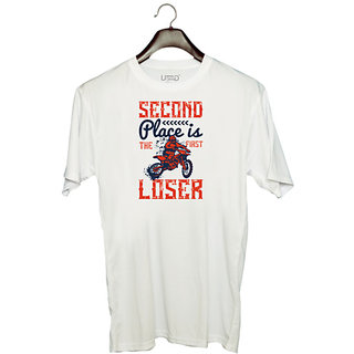                       UDNAG Unisex Round Neck Graphic 'Motor Cycle | Second place is the first loser' Polyester T-Shirt White                                              