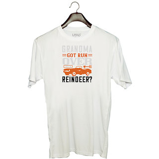                       UDNAG Unisex Round Neck Graphic 'Hot Rod Car | Grandma Got Run Over by a Reindeer' Polyester T-Shirt White                                              