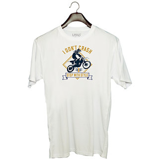                       UDNAG Unisex Round Neck Graphic 'Motor Cycle | I dont crash. I stop with style' Polyester T-Shirt White                                              