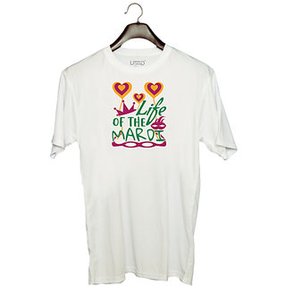                       UDNAG Unisex Round Neck Graphic 'Mardi Gras | Life of the Mardi' Polyester T-Shirt White                                              