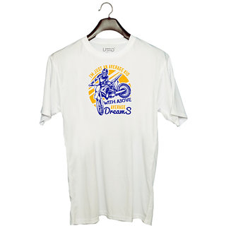                       UDNAG Unisex Round Neck Graphic 'Motor Cycle | Im just an average kid with above average dreams' Polyester T-Shirt White                                              